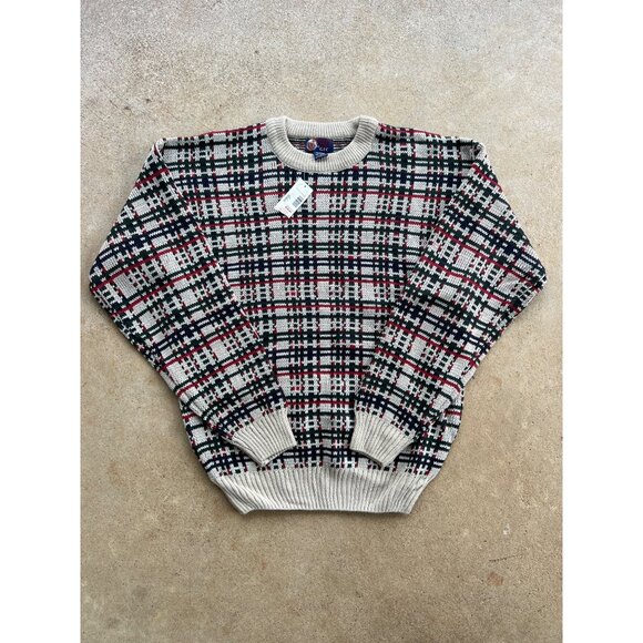 Vintage GFC Trading Co. Plaid Acrylic Crewneck Sweater Size L Beige/Green/Red O3 - Picture 1 of 4